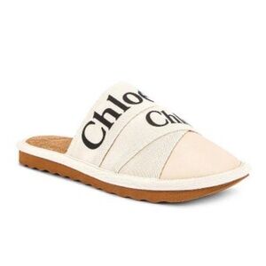 Chloe Logoed Woody Canvas & Leather White Mule Slippers size 40